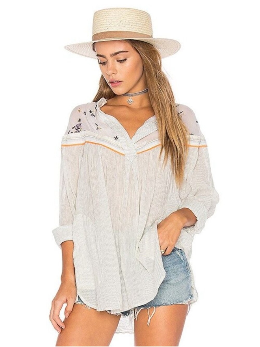 Free People Hearts & Colors Top XS Embroidered Boho Stripe Floral Tunic